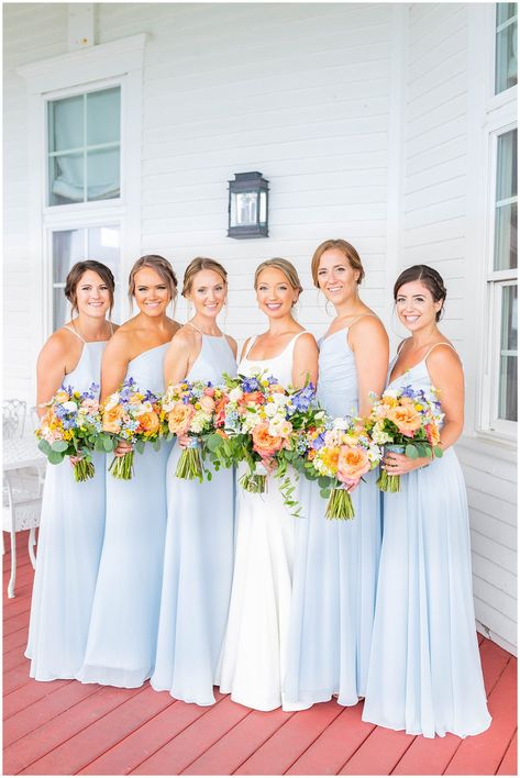 Bold Spring Wedding Colors, Colorful Wedding Bridal Party, Wildflower Wedding Bridesmaids Dresses, Wedding Bridal Party Colors, Spring Summer Wedding Colors, Bridesmaid Dress Colors Spring, Spring Wedding Colors Blue, Pink Orange Blue Wedding Flowers, Dusty Blue And Bright Pink Wedding