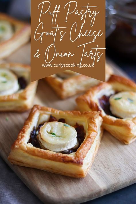 Flaky puff pastry encasing sweet caramelised onion chutney and creamy goat's cheese. These Puff Pastry Goat's Cheese & Onion Tarts are simple yet so delicious. Goat Cheese Puff Pastry, Spinach And Goat Cheese, Caramelised Onion Chutney, Caramelised Onion Tart, Puff Pastry Recipe, Onion Chutney, Pastry Appetizer, Goat Cheese Tart, Cheese Puff