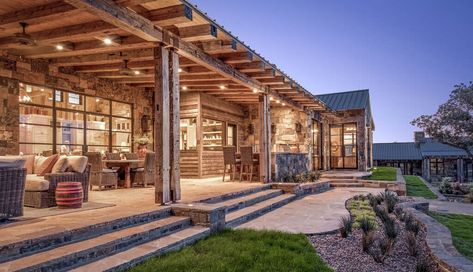 A modern ranch home perched on a Texas hilltop has picturesque views Modern Ranch Home, Porch Beams, Ranch Plans, Stone Homes, Vineyard House, Luxury Ranch, Mountain Architecture, Ranch House Designs, Hill Country Homes