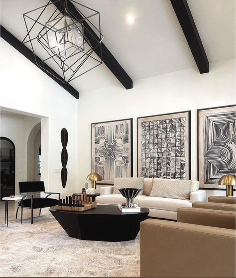 Black Exposed Beams Ceiling, Black Beam White Ceiling, White Ceiling With Black Wood Beams, Black Painted Exposed Ceiling, Exposed Beams Ceiling White, Upstairs Loft Ideas, High Ceiling Decorating, Beams Living Room, Transitional Decor Kitchen