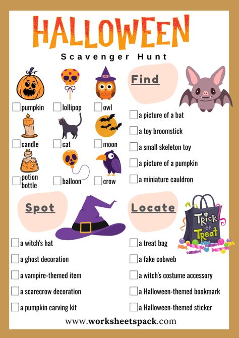 Halloween Scavenger Hunt Ideas, Scavenger Hunt Template, Scavenger Hunt Riddles, Thanksgiving Scavenger Hunt, Halloween Quiz, Scavenger Hunt Ideas, Scarecrow Decorations, Preposition Worksheets, Shape Worksheets For Preschool