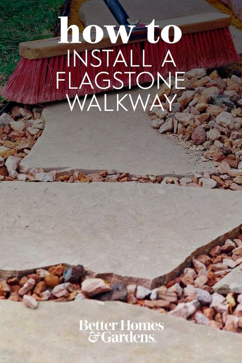 Landscape With Flagstone, Slate Stepping Stones Pathways, Cheap Front Walkway Ideas, Making A Pathway, Pavers For Walkway Pathways, Paved Walkway Ideas Pathways, Flagstone And River Rock Pathway, Diy Yard Pathway, Flagstone Stepping Stones