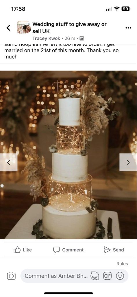 Nye Wedding Cake Ideas, Gold Foil On Cake, Wedding Cake With Lights Inside, Wedding Cake Fairy Lights, Wedding Cake With Fairy Lights, Wedding Cakes With Lights, Light Up Wedding Cake, Fairy Light Cake, Wedding Cake With Lights