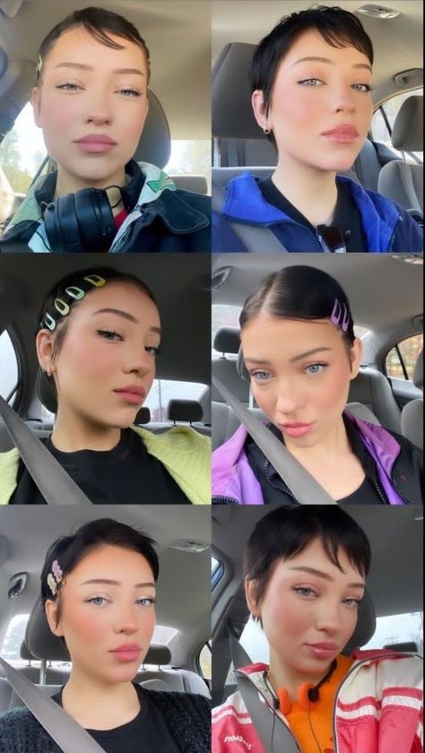 Buzz Cut Hair Accessories, Short Hair No Makeup, Growing Out A Buzzcut Women Styling, Styling Outgrown Buzzcut, Hairstyles For Extremely Short Hair, Super Short Straight Hair, Styling Super Short Hair, Pixie Hair Aesthetic, Pixie Makeup Looks