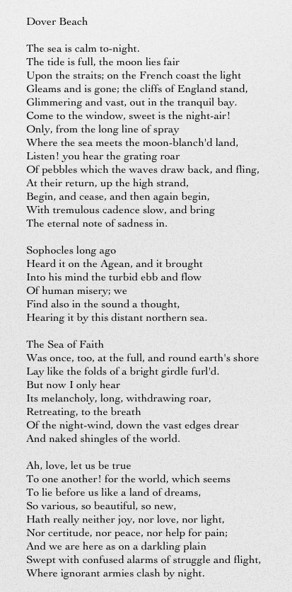 Dover Beach - Matthew Arnold. I think one of the most beautiful poems I've ever read. Dover Beach Matthew Arnold, The Desiderata Poem, Beach Poems, Dover Beach Poem, Ee Cummings Poems Sea, Sea Poems, Dover Beach, Poem Titles, Poem Analysis