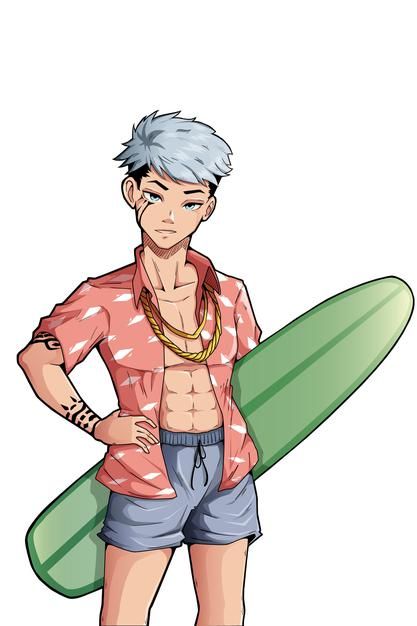 Surfer Character Design, Anime Surfer, Summer Character Design, Surfer Cartoon, Boy Character Design, Summer Character, Surf Boys, Surfer Boys, Surfer Boy