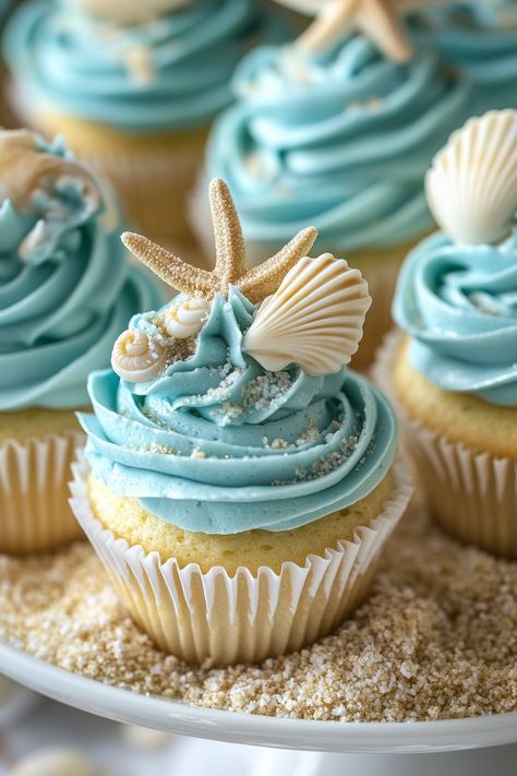 Beach-Themed Cupcakes: Creative and Delicious Summer Treats Blue Buttercream Frosting, Beach Hangout, Ocean Cupcakes, Beach Theme Cupcakes, Cherry Dump Cake Recipe, Beach Cupcakes, Ocean Cakes, Coastal Inspiration, Birthday Cake Decorating Ideas