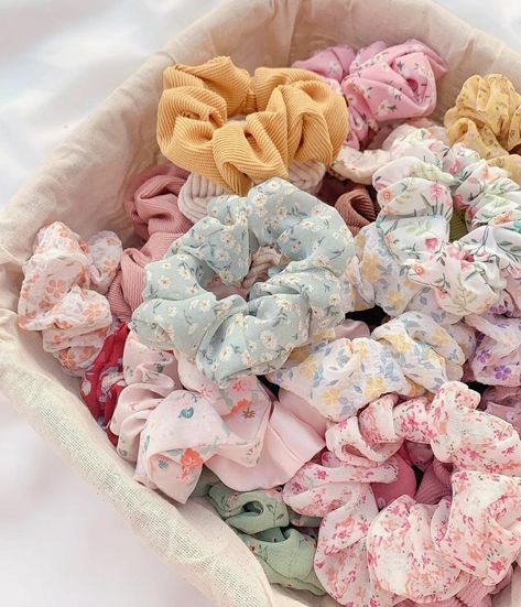 Crunchies For Hair, Pastel Scrunchies, Aesthetic Scrunchies, Scrunchies Aesthetic, Chiffon Hair, Kawaii Hair Clips, Ties For Women, Diy Hair Accessories Ribbon, Hair Tie Accessories