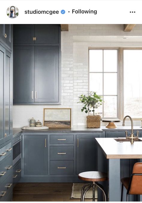 Grays Harbor Cabinets, Sw Grays Harbor, Sm Ranch House, Lakehouse Kitchen, Grays Harbor, House Remodeling, Cabinet Color, Blue Cabinets, Brass Pulls