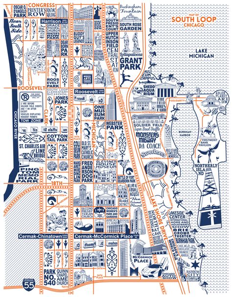 The South Loop Map is the twenty-second in a series of illustrations that will chronicle the major landmarks, parks, streets, buildings, structures, history and events of the neighborhoods of Chicago. Chicago Neighborhoods Map, South Loop Chicago, Chicago Living, United Nations Peacekeeping, Chicago Vacation, Chicago Landmarks, Map Diagram, Chicago Loop, Village Map