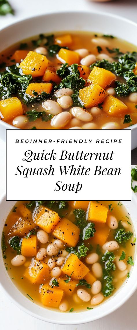 Image for Quick Butternut Squash White Bean Soup Butternut Squash Kale White Bean Soup, Turkey Sausage White Bean Butternut Squash Soup, Butternut Squash Bean Soup, Quick Butternut Squash, Soup Squash, Butternut Squash Stew, Savory Butternut Squash, Butternut Squash Kale, White Bean Recipes