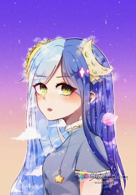 Esta chica tiene dos lados uno es el sol el otro es la luna. Con el sol expresa la felicidad y la alegría. Con la luna expresa su miedo y su tristeza. Blue Hair, Stars, Anime, Hair, Blue