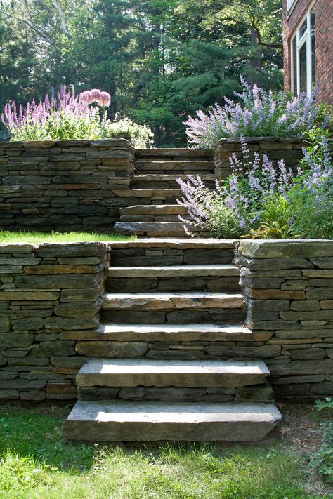 Steps Outdoor, Granite Steps, Landscape Hardscape, Retaining Wall Design, Terraced Landscaping, Landscaping On A Hill, Brick Walkway, Sloped Backyard, Front Walkway