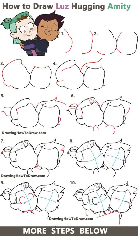 How to Draw Luz and Amity Hugging from Owl House Easy Step by Step Drawing Tutorial for Kids - How to Draw Step by Step Drawing Tutorials How To Draw The Owl House, How To Draw Hugs, Drawing Owl House, Owl House Drawing Ideas, How To Draw Luz Noceda, Luz Drawing, The Owl House Drawing Ideas, Owl House Easy Drawing, Owl House Drawing