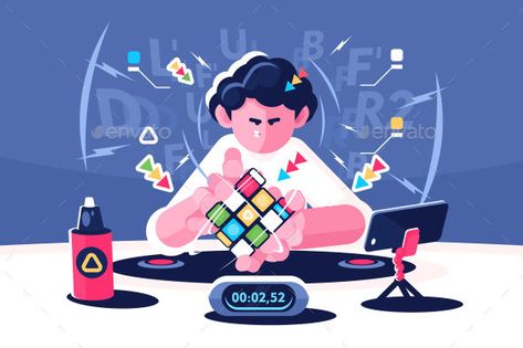 Man Collect Rubik Cube Timer Championship Concept #Rubik, #Collect, #Man, #Cube Canva Codes, Visual Reference, Brain Training Games, Timeline Design, Cube Design, Train Your Brain, Rubik's Cube, Flat Vector, Brain Training