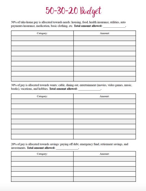 Detailed Budget Worksheet, 50/30/20 Budget Free Printable, 50/30/20 Budget Planner, 50 30 20 Budget Worksheet Free, 503020 Budget, 50 30 20 Budget Worksheet, Budget Baddie, Budget 101, 50 30 20 Budget