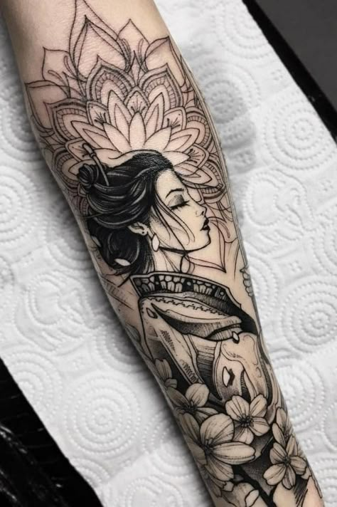 Tattoo uploaded by Sceleny | 23:44 pm, May 30th 2019 | 1018215 Arm Tattoos Tiger, Japanese Girl Tattoo, Japanese Forearm Tattoo, Arm Cover Up Tattoos, Geisha Tattoo Design, Feminine Tattoo Sleeves, Rose Tattoos For Men, Geisha Tattoo, Asian Tattoos