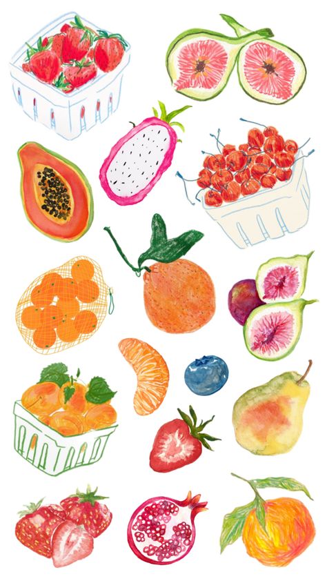 Fruit Collage, Fruit Doodle, Vegetable Drawing, Fruits Drawing, Watercolor Fruit, Pop Art Wallpaper, Tile Projects, Illustration Food, Fruit Painting