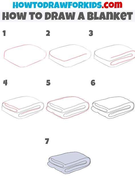 how to draw a blanket step by step Blanket Doodle Drawing, How To Draw Blanket, How To Draw A Pillow, Blanket Drawing Reference, Folded Blanket Drawing, How To Draw A Bed, Blanket Drawing, Step By Step Sketches, Calendar Doodles