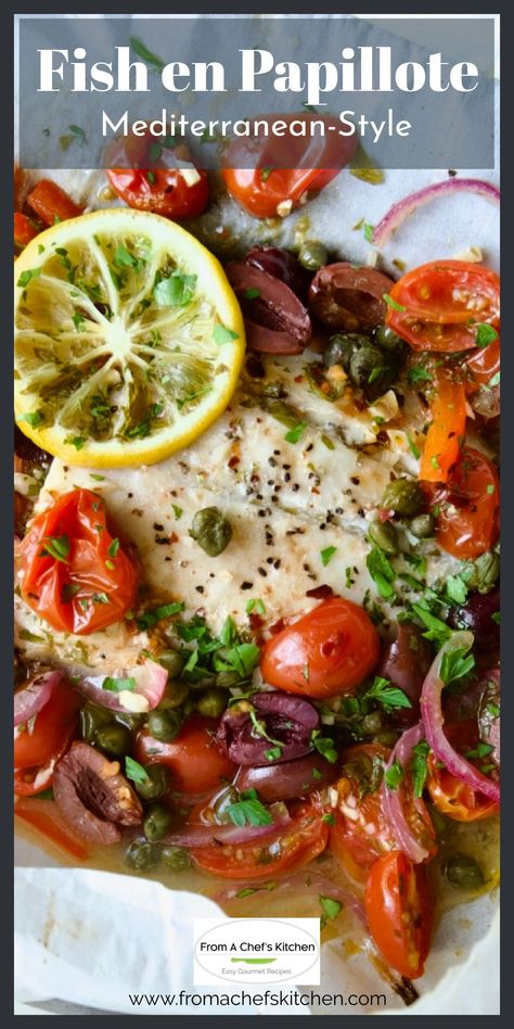 This Fish en Papillote recipe captures all the classic flavors of the sunny region of the Mediterranean. A combination of ingredients, including juicy tomatoes, briny olives, tangy capers, fragrant garlic, olive oil, wine and refreshing lemon, is paired with fish. So much flavor all wrapped up in parchment paper parcels for a no-muss, no-fuss, healthy dinner! Fish Tomatoes Olives Capers, Halibut In Parchment Paper Recipes, Parchment Paper Meals, Halibut En Papillote, Halibut In Parchment Paper, Tautog Fish Recipe, Greek Fish Recipe, Fish In Parchment Paper, Fish In Parchment