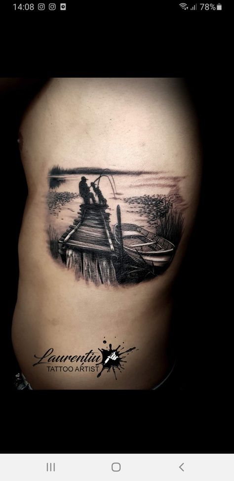 Father Memorial Tattoo, Tattoo Father, Fisherman Tattoo, Grandfather Tattoo, Fishing Tattoos, Tree Sleeve Tattoo, Fishing Tattoo, Tree Sleeve, Father Daughter Tattoos