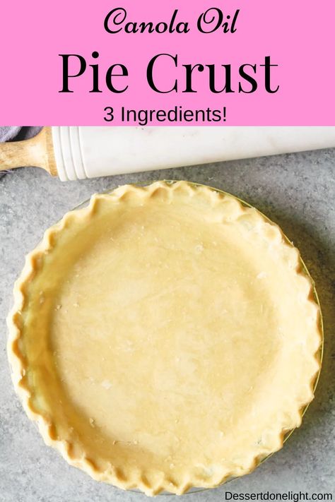 You are going to love this recipe for Canola Oil Pie Crust! It's super flaky, very easy to work with, and requires only 3 ingredients. Fill it with your favorite pie filling and bake, or blind bake it for a no-bake pie. This vegan pie crust recipe is great if you are a beginner baker or have had trouble in the past making pie crust. It's basically a no-fail recipe. #canolaoilpiecrust #piecrust #veganpiecrust #dairyfree #dairyfreepiecrust #vegandessert Pie Crust With Shortening, Coconut Oil Pie Crust, Oil Pie Crust, Best Pie Crust Recipe, Making Pie Crust, Tarte Vegan, Vegan Pie Crust, Homemade Pie Crust, Homemade Pie Crust Recipe