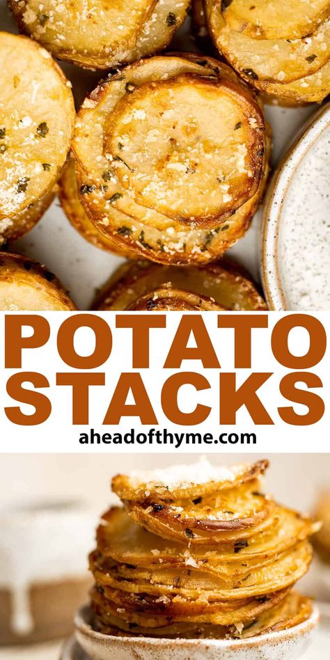 Potato Stacks Potato Stack, Creamy Parmesan Potato Stacks, Garlic Herb Butter Potato Stacks, Crispy Potato Stacks With Garlic Herb Butter, Herb And Mustard Potato Stacks, Potato Stacks Recipes, Potato Stacks, Thyme Recipes, Veg Dishes