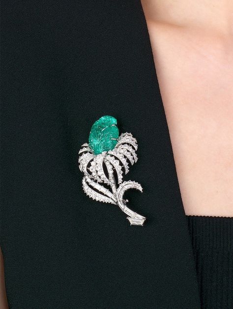 - One carved emerald, measuring approximately 26.78 x 17.69 x 10.5 mm - Circular-cut diamond petals and leaves - Baguette-cut diamond stem - Platinum Diamond Brooch Cartier, Carved Emerald, Diamond Brooch, Mom Jewelry, Baguette Cut Diamond, High Jewelry, Vintage Jewellery, Cartier, Jewelry Art