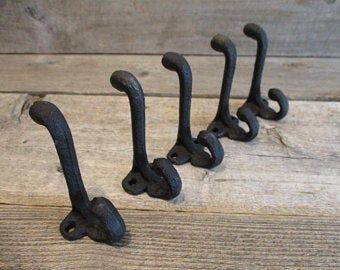 Coat Hooks Shelf Brackets & Restoration Parts by CastIronHook Back Hallway Ideas, Farmhouse Hardware, Black Coat Hooks, Hat Hangers, Decorative Coat Hooks, Cast Iron Coat Hooks, Entryway Hooks, Rustic Colonial, Black Hooks