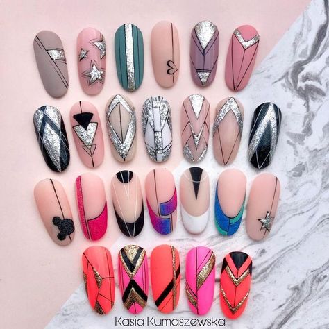 Nails Design With Lines Ideas, Line Art Design On Nails, Geometry Nails Design, Mandala Nail Art Design, Nails Line Design, Nails Geometric Design, Geometry Nail Art, Cartoon Nail Designs, Geometric Nails