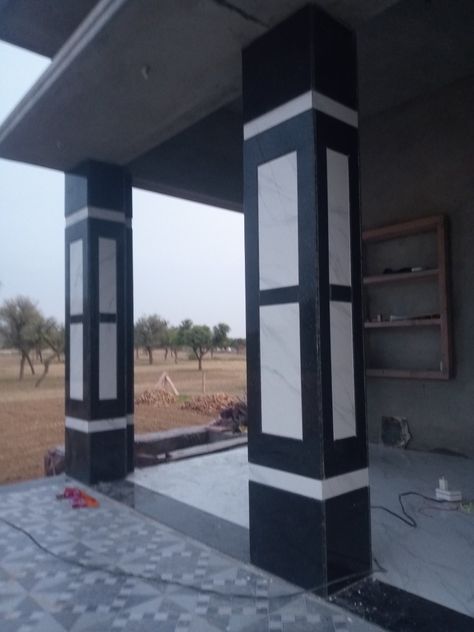 Main Gate Pillar Design Granite, Granite Pillar Design, Granite Design, Wooden Double Doors, House Main Door, Front Wall Design, Ganpati Decoration At Home, House Main Door Design, Kerala House