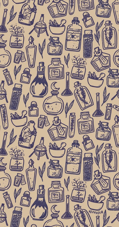 An illustrated repeat pattern design of various bottles of potions and herbs. Medieval, fantasy look with a large variety of forms, shapes and decorations. light brown background and dark blue, aged looking lineart Potions Aesthetic Drawing, Simple Potion Bottle Tattoo, Herbalist Aesthetic Wallpaper, Apothecary Phone Wallpaper, Witch Bottles Drawing, Simple Dnd Art, Witch Potion Ingredients, Herbs Drawing Simple, Dnd Core Aesthetic