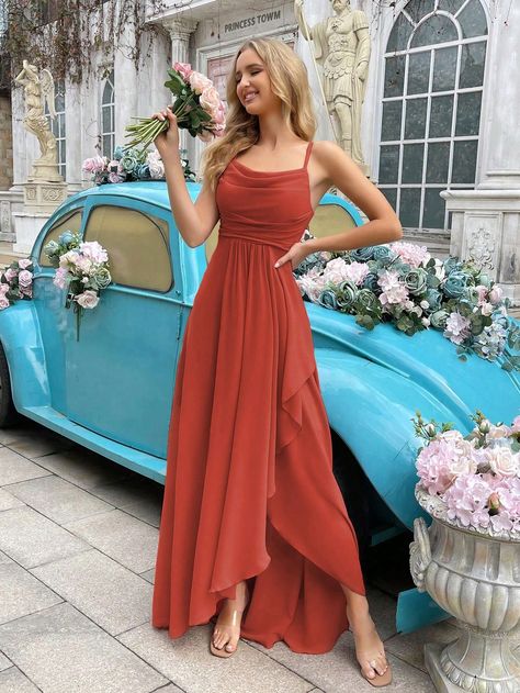 Summer Solid Color Halter Neck Waist Belted Floor Length Bridesmaid DressI discovered amazing products on SHEIN.com, come check them out! Orange Formal Dresses, Elegant Bridesmaid Dresses, Maxi Bridesmaid Dresses, Shein Dress, Red Dress Maxi, Rust Dress, Grad Dresses, Wedding Bridesmaid Dresses, Womens Clothing Sizes