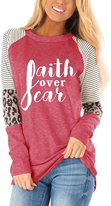 shifeier Women's Letters Printed T-Shirt Long Sleeves Faith Over Fear Tee Tops Christmas Long Sleeve Shirts, Holiday Graphic Tees, Christmas Wear, Letter Print Tee, Womens Christmas Shirts, Christmas Tops, Women Christmas, Tee Shirt Print, Print Pullover