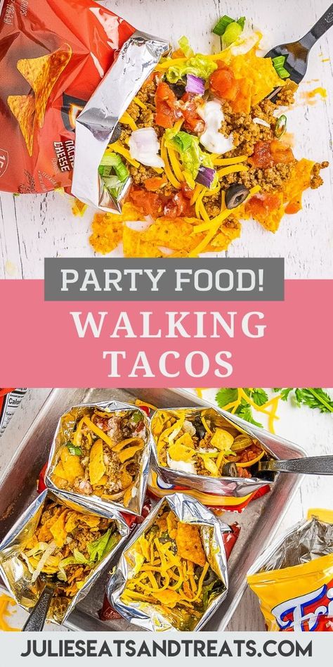 Love Tacos? Then you will love these Walking Tacos also known as Taco in a Bag! They are the perfect party food or easy dinner recipe. It starts with a bag of nacho cheese or corn chips that you crunch up. Then pile on taco meat and all of your favorite toppings like cheese, sour cream, salsa, onions, tomatoes, guacamole and more. Everyone can make their own version with their favorite toppings. Clean up is a breeze! #walking #tacos Walking Nachos, Footy Food, Turkey Entrees, Rv Food, Taco In A Bag, Walking Tacos Recipe, Nachos Recipes, Easy Taco Recipes, Work Food