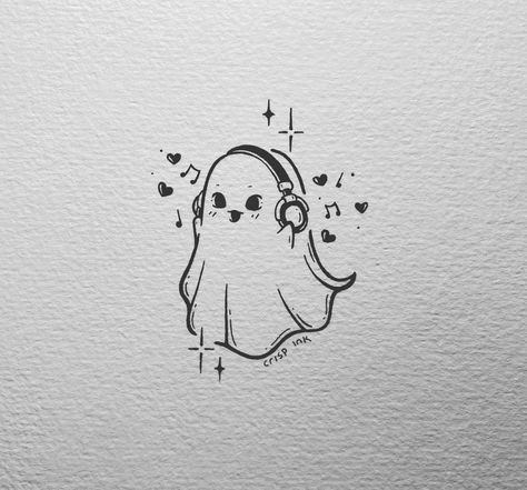 Ghost Ideas Drawing, Ghost With Headphones Drawing, Music Ghost Tattoo, Ghost Music Tattoo, Drawing Ideas Easy Ghost, Cute Note Doodles, Cute Ghost Drawings Aesthetic, Ghost With Headphones Tattoo, How To Draw A Ghost Easy