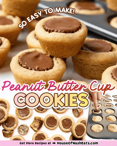 Peanut Butter Cup Cookies are a holiday favorite and so easy to make! Loaded with plenty of peanut butter and chocolate flavor, these bite-size, poppable treats are the perfect addition to any holiday cookie plate. #peanutbutter #peanutbuttercup #cookies #Christmascookies #easy #chocolate Reese’s Peanut Butter Cookie Cups, Reese’s Peanut Butter Cup Christmas Cookies, Recipes With Reese's Peanut Butter Cups, Peanut Butter Cookie With Reese Cup, Peanut Butter Tassies, Peanut Butter Blossom Cookies With Reese, Pb Reeses Cookies, Easy Reeses Cookies, Reese’s Cookie Cups