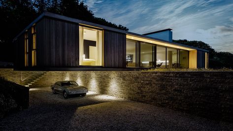 Modern house - The Quest - Strom Architects- - exterior night Grand Designs Houses, Contemporary Bungalow, Purbeck Stone, Modern Contemporary Home, Dorset England, Philip Johnson, Casa Container, Contemporary Style Homes, Storey Homes