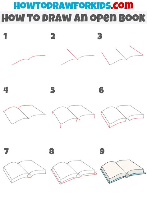 How To Paint An Open Book, Drawing An Open Book, How To Draw A Bible Step By Step, How To Draw An Open Book Step By Step, How To Draw Books Easy, Draw A Book Step By Step, How To Draw Bookshelf, Open Book Drawing Simple, Open Book Doodle