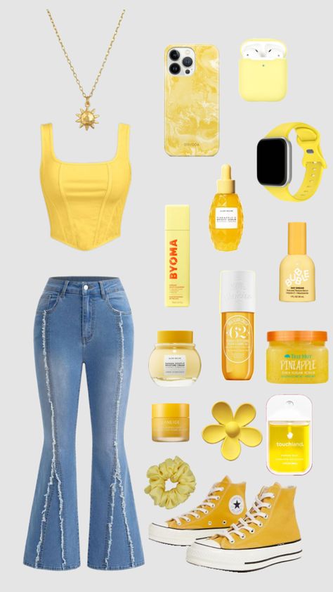 #yellow #yellowoutfit #yellowfit #yellowgirl #yellowgirlie Cute Yellow Tops With Character Print, Trendy Yellow Vest Top, Yellow Girly Outfit, Yellow Disney Outfit, Trendy Yellow Crop Top, Power Rangers Outfits, Cute Concert Outfits, Creative Outfits, Yellow Fits