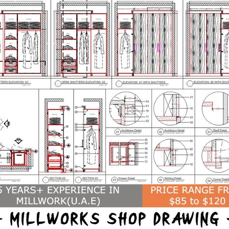 I will make millwork 2d enhanced detailed shop drawings Closet Detail Drawing, Wardrobe Working Drawing, Working Drawings Architecture Details, Wardrobe Detail Drawing, Wall Elevation, Croquis Architecture, Furniture Details Drawing, Furniture Drawing, Architecture Renovation