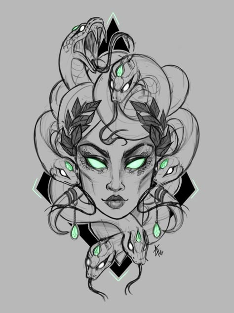 Medusa Art Reference, Medusa Statue Tattoo Design, Snake Goddess Tattoo, Goddess Of Snakes, Medusa Tattoo With Color, Medusa Throat Tattoo, Medusa Sketch Tattoo, Madussa Art, Medusa Digital Art