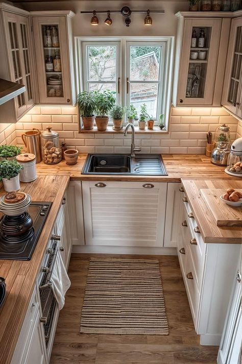 Kitchen Ideas With Big Windows, Tiny U Shaped Kitchen, Big Kitchen Window, Tiny Cottage Kitchen, 2024 Kitchen, Creative Bedroom, Tiny Cottage, Cottage Kitchens, Tiny Kitchen