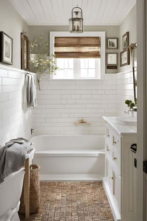 Bathtub Shower Bathroom, Small Shower Tub Remodel, Bathroom Renovation With Tub, Tiny Bathroom Tile Ideas, Small Cottage Bathroom Ideas, Cottage Small Bathroom, Modern Cottage Bathrooms, Simple Master Bath, Small Bathroom Addition