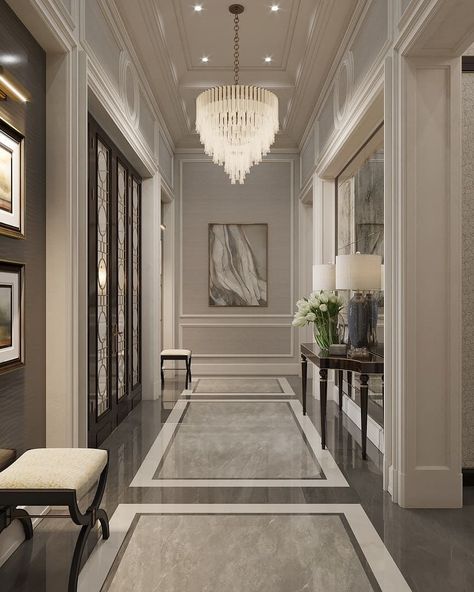 Modern English Interior, House Hall Design, English Interior Design, Corridor Design, Neoclassical Interior, Hallway Designs, Foyer Design, Marble Flooring, Lobby Design