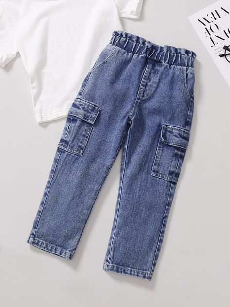 Dark Wash  Collar  Denim Plain Tapered/Carrot Embellished Non-Stretch  Toddler Girls Clothing Girls Cargo Pants, Pants Embellished, Toddler Jeans, Baby Jeans, Moda Jeans, Boys Denim, Jeans Cargo, Kids Denim, Zara Kids