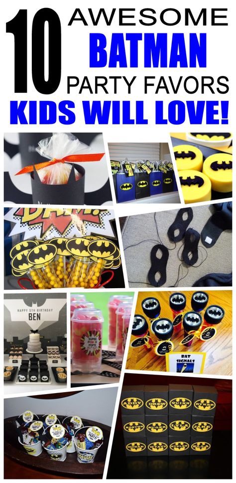 Batman party favors kids will love. Fun and cool batman birthday party favor ideas for children. Easy goody bags, treat bags, gifts and more for boys and girls. Get the best batman birthday party favors any child would love to take home. Loot bags, loot boxes, goodie bags, candy and more for batman party celebrations. Batman Themed Party Food, Batman Party Favor Ideas, Batman Snacks For Party, Batman Treats, Batman Party Foods, Batman Party Favors, Batman Party Supplies, Birthday Party Favors For Kids, Batman Themed Birthday Party