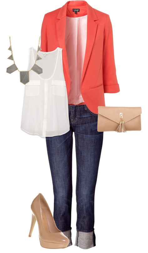 Coral blazer, white top, nude shoes.... adorable!!! Coral Blazer, Orange Blazer, Nude Shoes, Mode Casual, Outfit Trends, Komplette Outfits, Looks Style, Work Attire, Outfit Casual