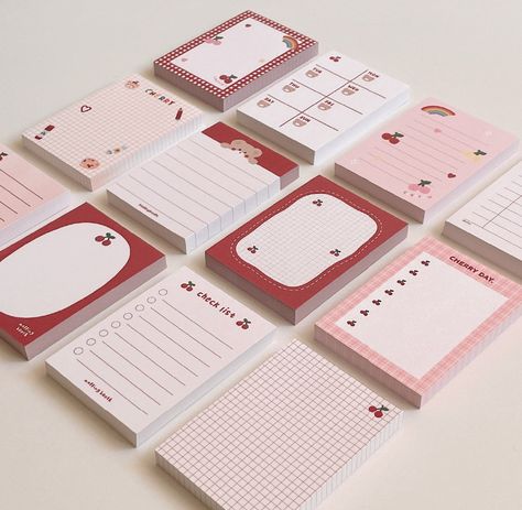 Cute Stationery Paper, Cherry Notebook, Kawaii Notepad, Cherry Palette, Notepad Design, Balzam Na Pery, Hadiah Diy, Memo Pad Design, Pretty School Supplies