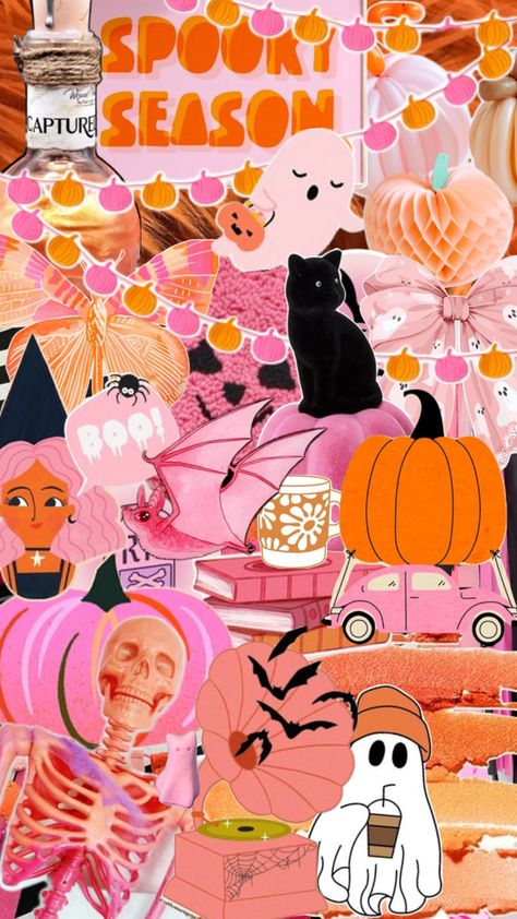 Pink and orange Halloween aesthetic Pink Halloween Macbook Wallpaper, Pink Background Halloween, Pink Halloween Wallpaper Collage, Pink Halloween Collage, Pink Preppy Halloween Wallpaper, Pink And Orange Halloween Wallpaper, Orange Halloween Aesthetic, Pink And Orange Halloween, Halloween Backrounds